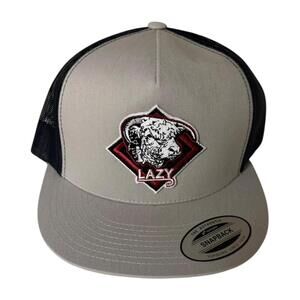 (A) Lazy J Gray & Black Snapback Trucker Hat  Bull Logo Baseball Cap Western